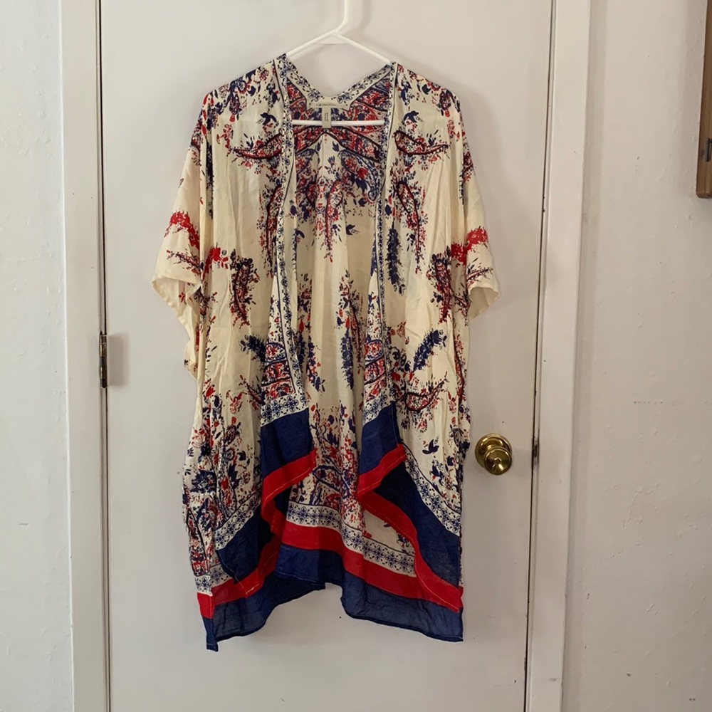 Quagga cream open front kimono with navy and red print One Size